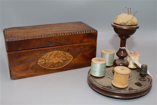Sheraton mahogany tea caddy with beaded edge, oval marquetry panel of deer & a mahogany sewing stand